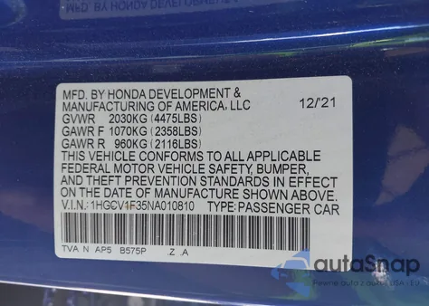 2022 Honda Accord Sport from USA, damaged, VIN 1HGCV1F35NA010810